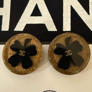 Vintage Chanel 1997 CC Resin Button Clip Earrings Black & Gold Clover France
